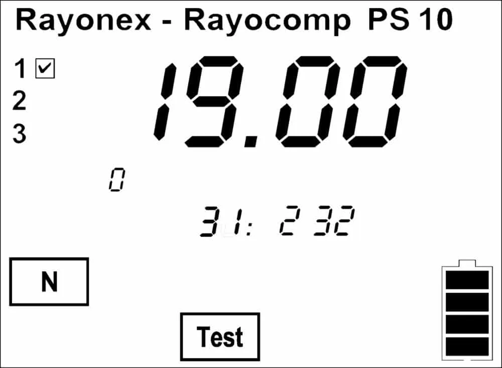 M6 RAH-Globaltest VET, Gerätedisplay des Rayocomp PS 10 mit dem Wert 19.00 und Test-Taste