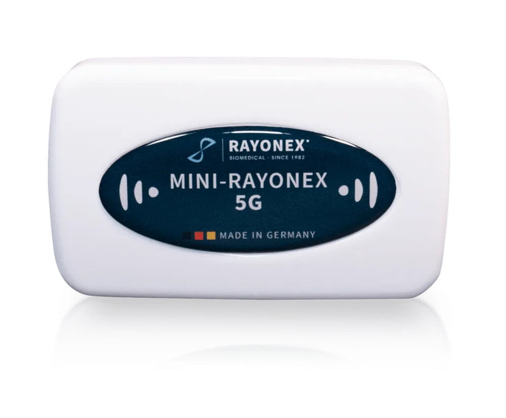 Mini-Rayonex 5G, weißes Kunststoffgehäuse mit ovalem Rayonex-Schriftzug, Draufsicht