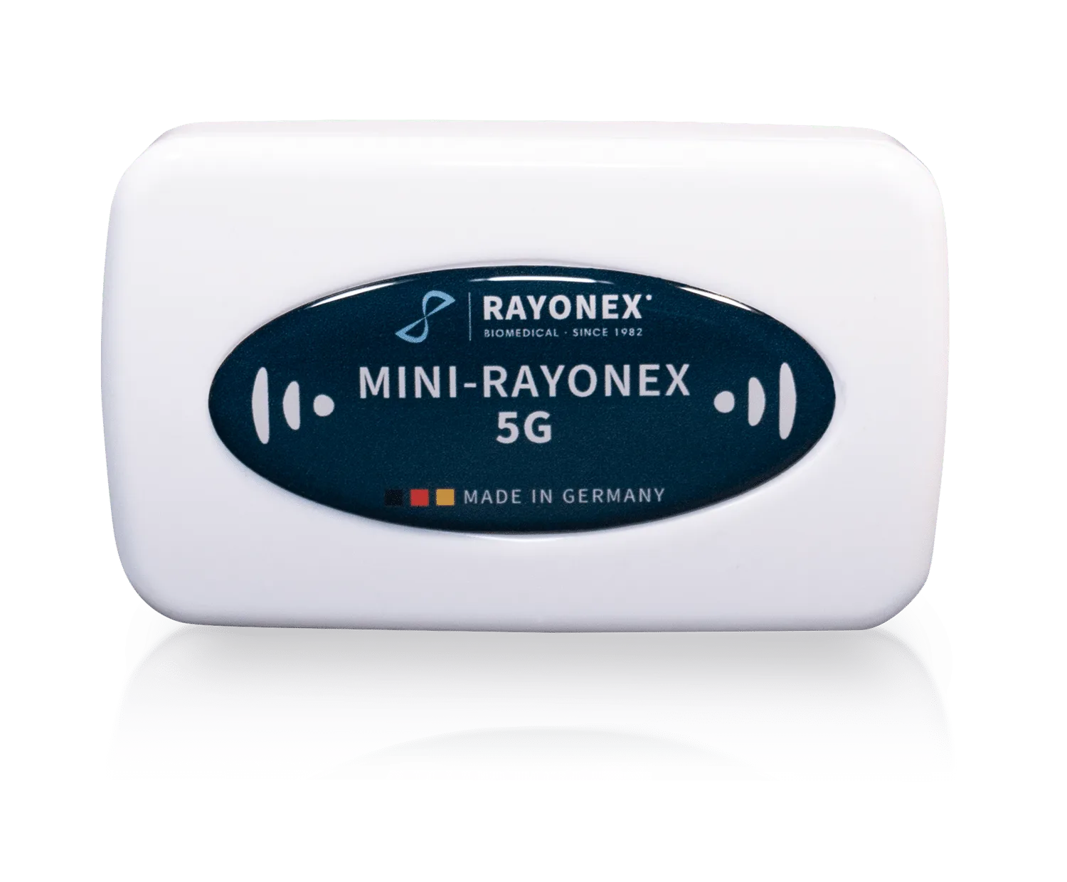 Mini-Rayonex 5G, weißes Kunststoffgehäuse mit ovalem Rayonex-Schriftzug, Draufsicht