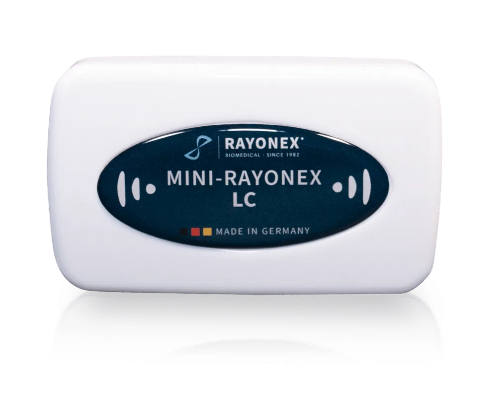 Mini-Rayonex LC, weißes Kunststoffgehäuse mit ovalem Rayonex-Schriftzug, Draufsicht