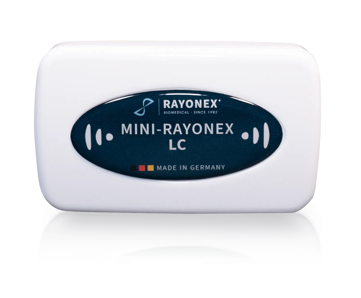 Mini-Rayonex LC, weißes Kunststoffgehäuse mit ovalem Rayonex-Schriftzug, Draufsicht