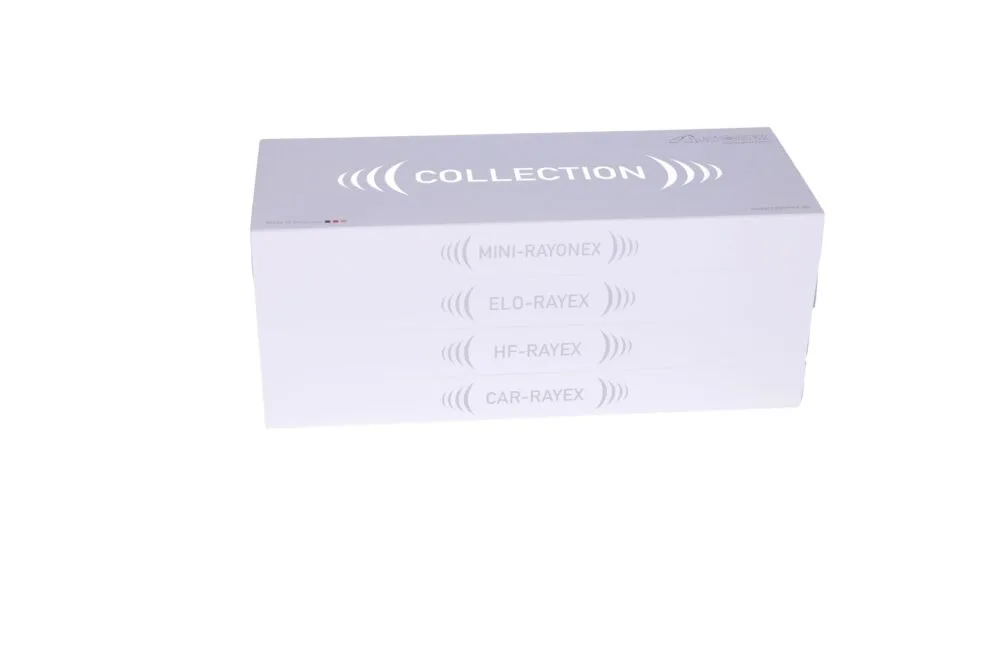 Collection, weiße Verpackung mit Aufdruck Mini-Rayonex, Elo-Rayex, HF-Rayex und Car-Rayex
