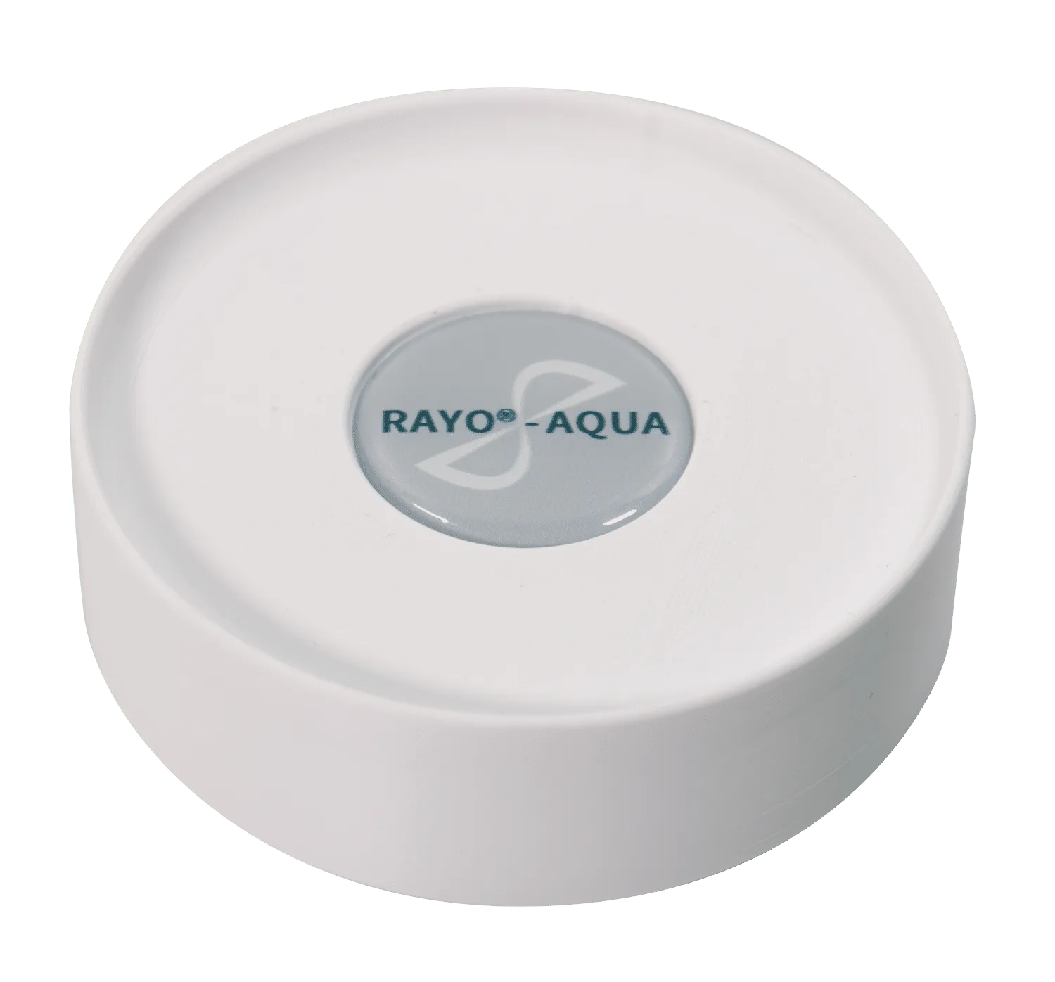 Rayo®-Aqua basic, runder weißer Untersetzer mit grauem Rayo®-Aqua-Emblem