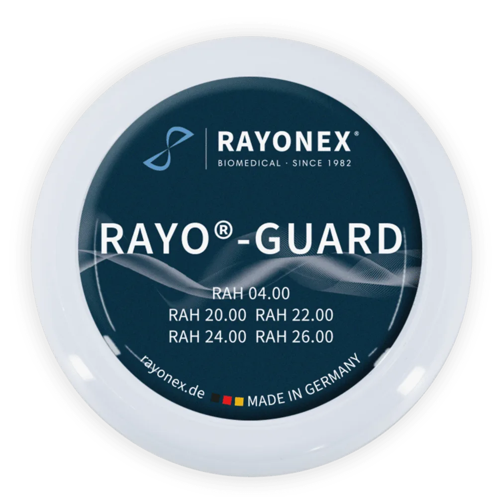 Rayo®-Guard, runde weiße Dose mit dunklem Etikett und aufgedruckten RAH-Werten