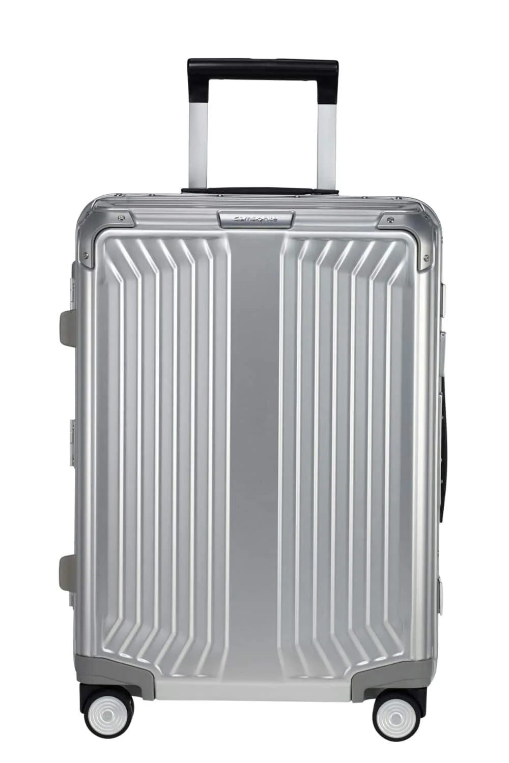 Samsonite®-Aluminium-Trolley in Silber, Frontansicht mit ausgezogenem Teleskopgriff