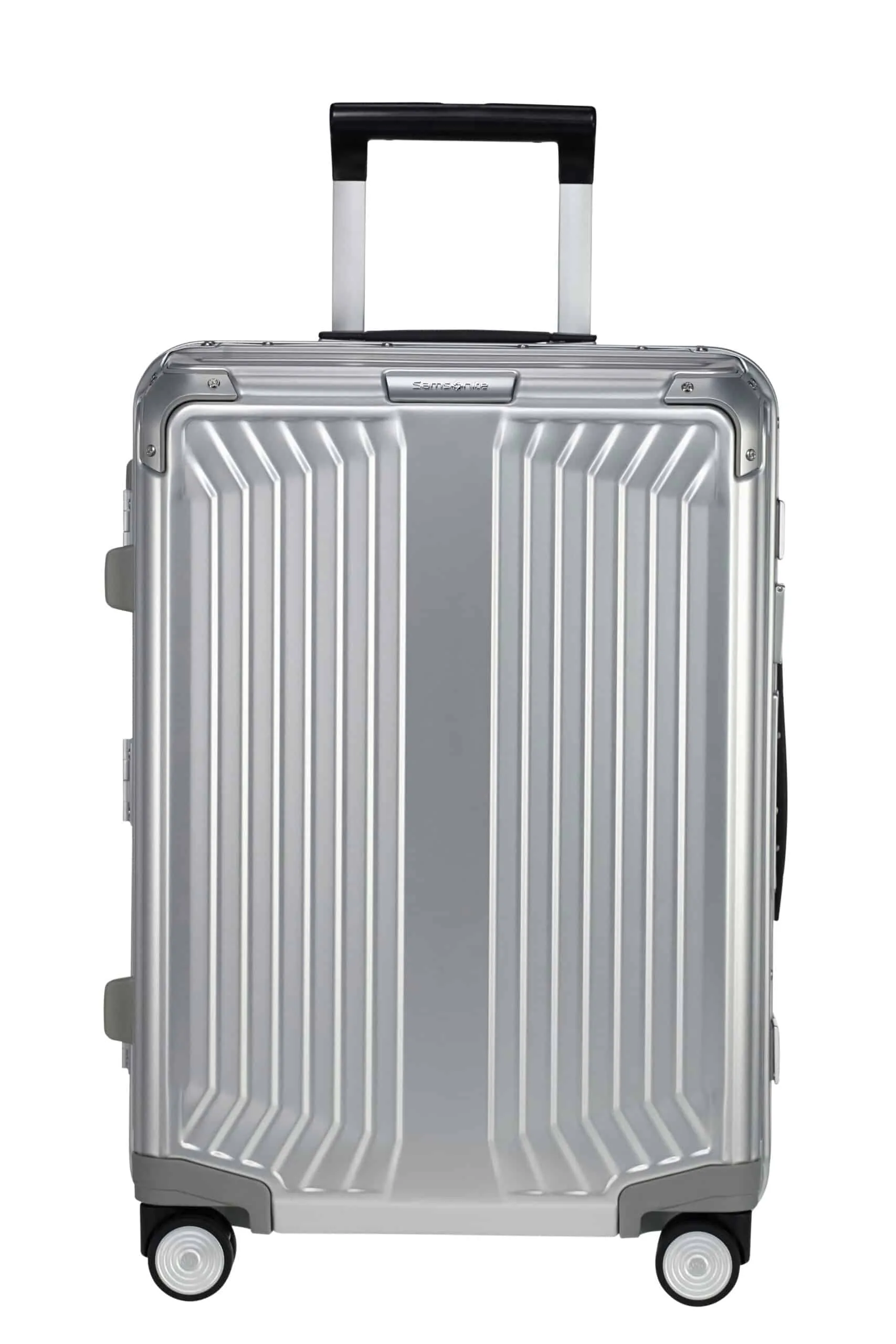 Samsonite®-Aluminium-Trolley in Silber, Frontansicht mit ausgezogenem Teleskopgriff