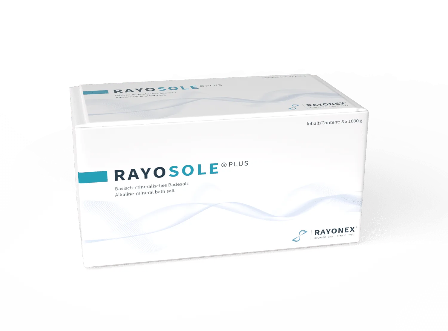 Rayosole® plus, weiß-blauer Karton mit 3 kg Inhalt, Schrägansicht mit Rayonex-Logo