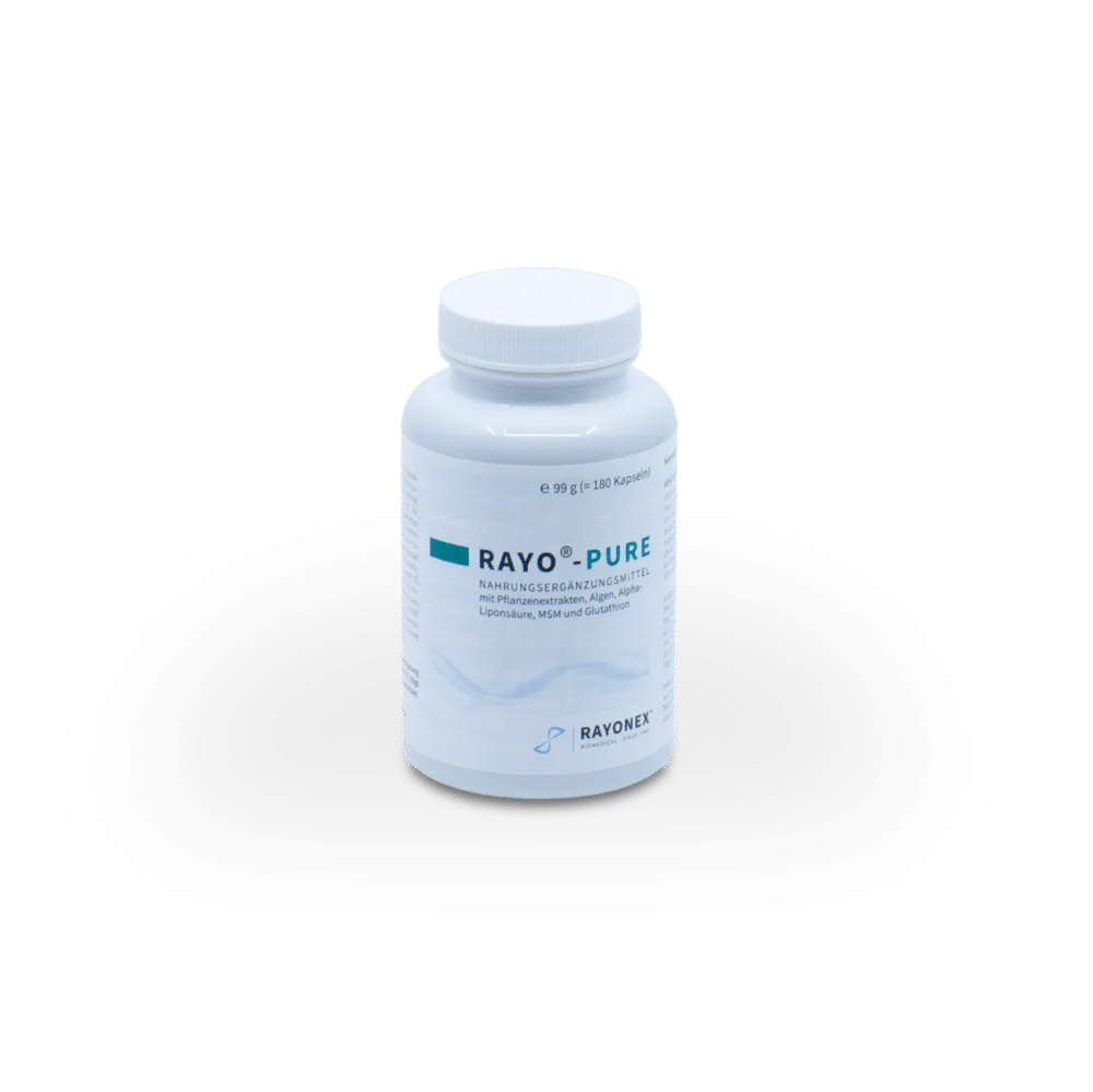 Rayo®-Pure, weiße Kunststoffdose mit blauem Etikett und Rayonex-Logo