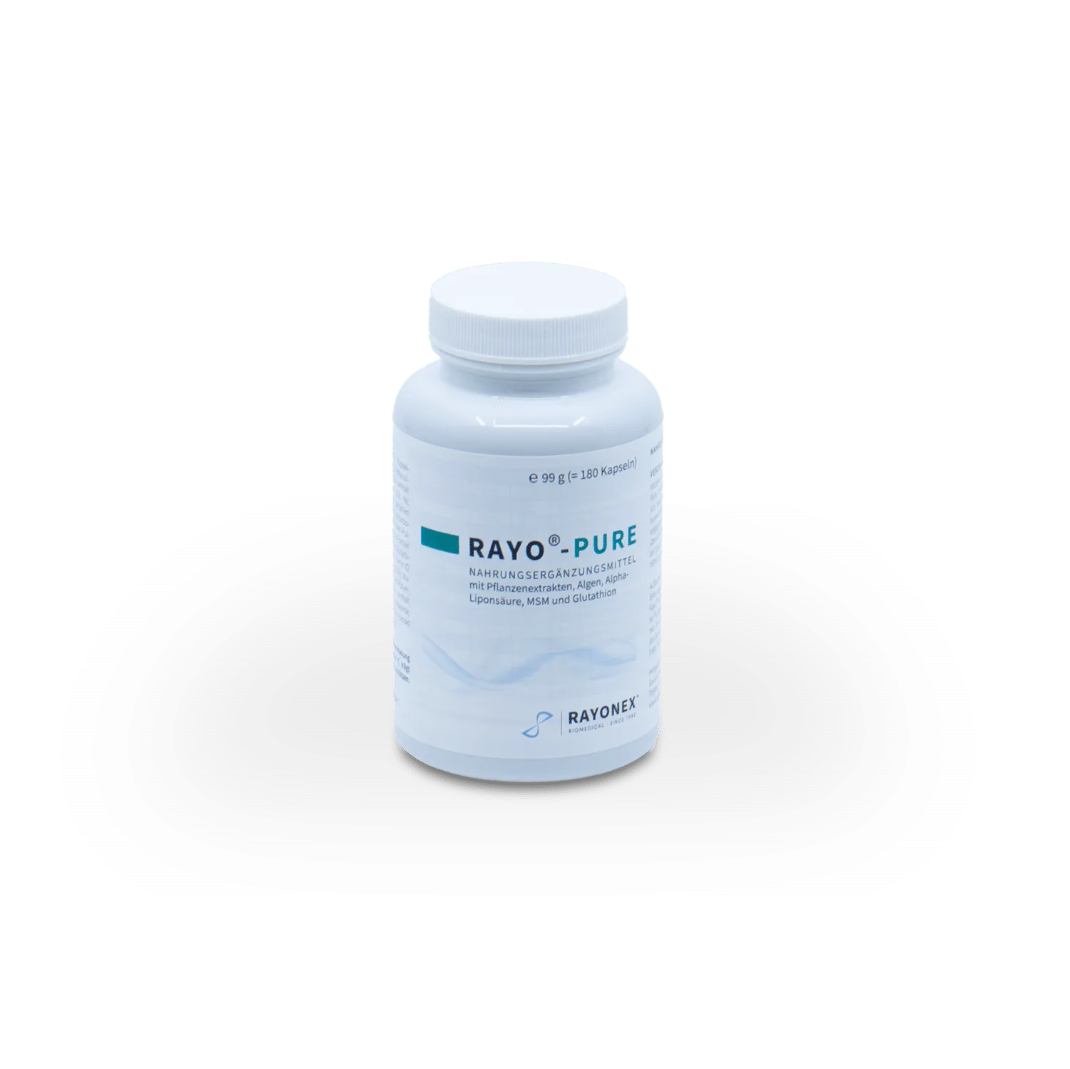 Rayo®-Pure, weiße Kunststoffdose mit blauem Etikett und Rayonex-Logo