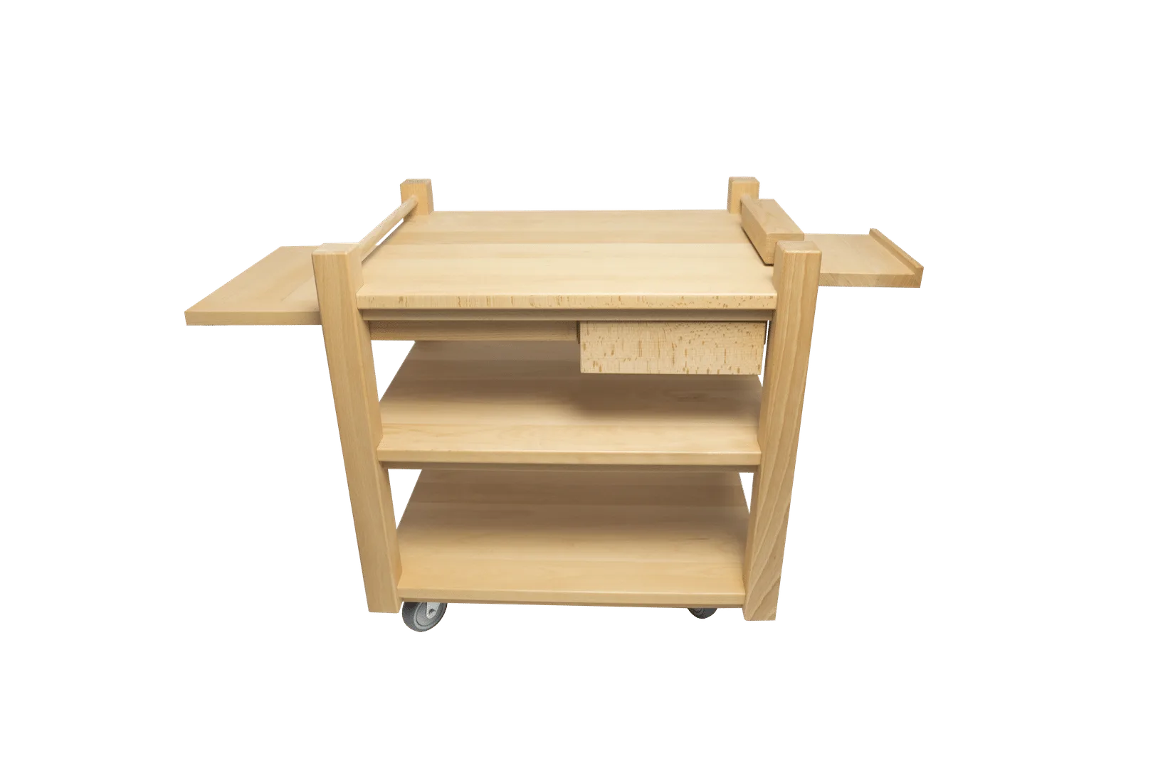 Tisch für Rayocomp mit beidseitig ausgezogenen Seitenplatten, Schublade und Rollen