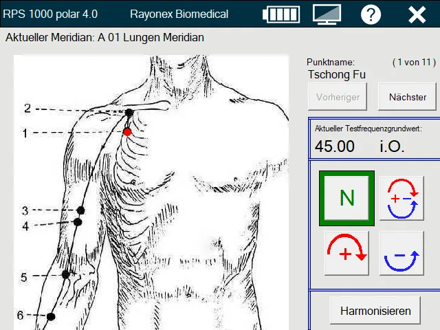 Akupunktur-Schwingungstherapie, Softwareansicht mit Oberkörpergrafik des Lungenmeridians