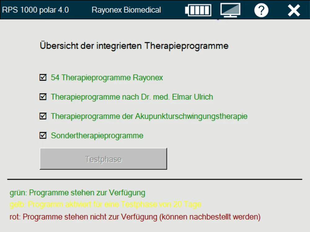 Softwareansicht des Rayocomp PS 1000 polar 4.0 mit der Übersicht der integrierten Programme