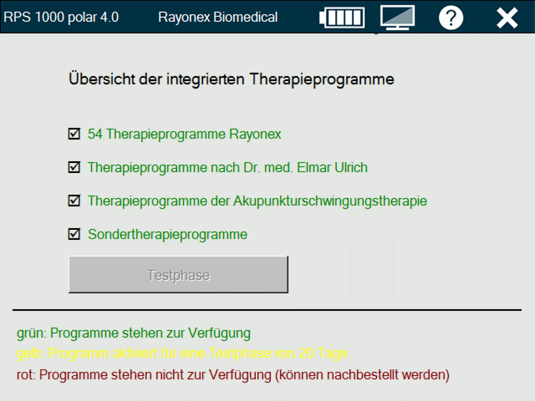 Softwareansicht des Rayocomp PS 1000 polar 4.0 mit der Übersicht der integrierten Programme