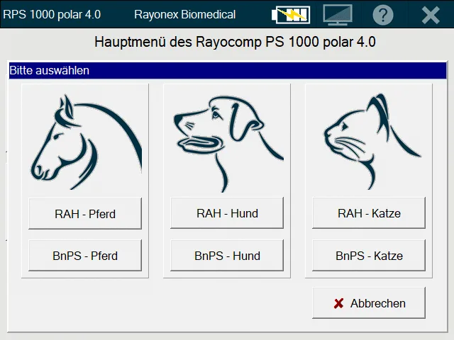 RAH VET, Softwarehauptmenü mit Auswahlfeldern für Pferd, Hund und Katze