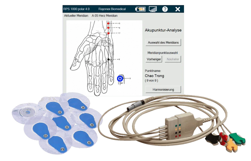 Rayoscan® Human Set, Softwarefenster mit Handgrafik sowie blaue Klebeelektroden und Kabelbaum
