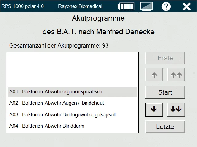 B.A.T.-Akutprogramme nach M. Denecke®, Softwareansicht mit Programmliste und Auswahlfeld
