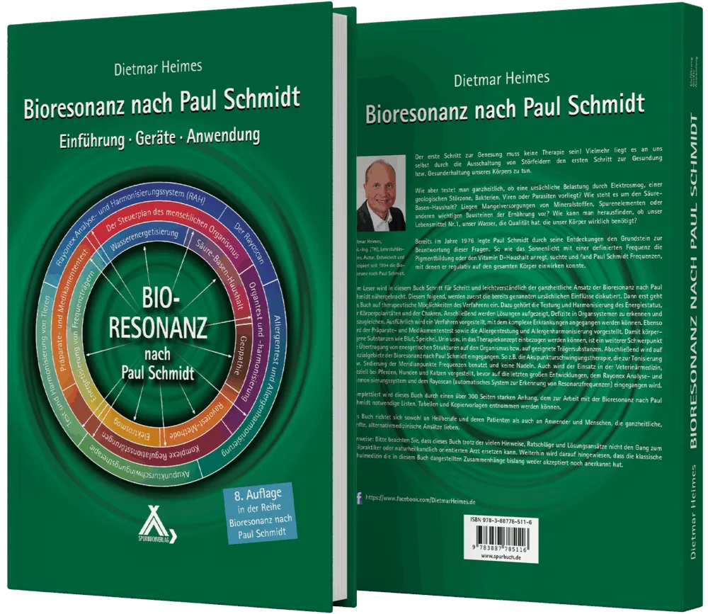 Buch Bioresonanz nach Paul Schmidt von Dietmar Heimes, Vorder- und Rückseite nebeneinander