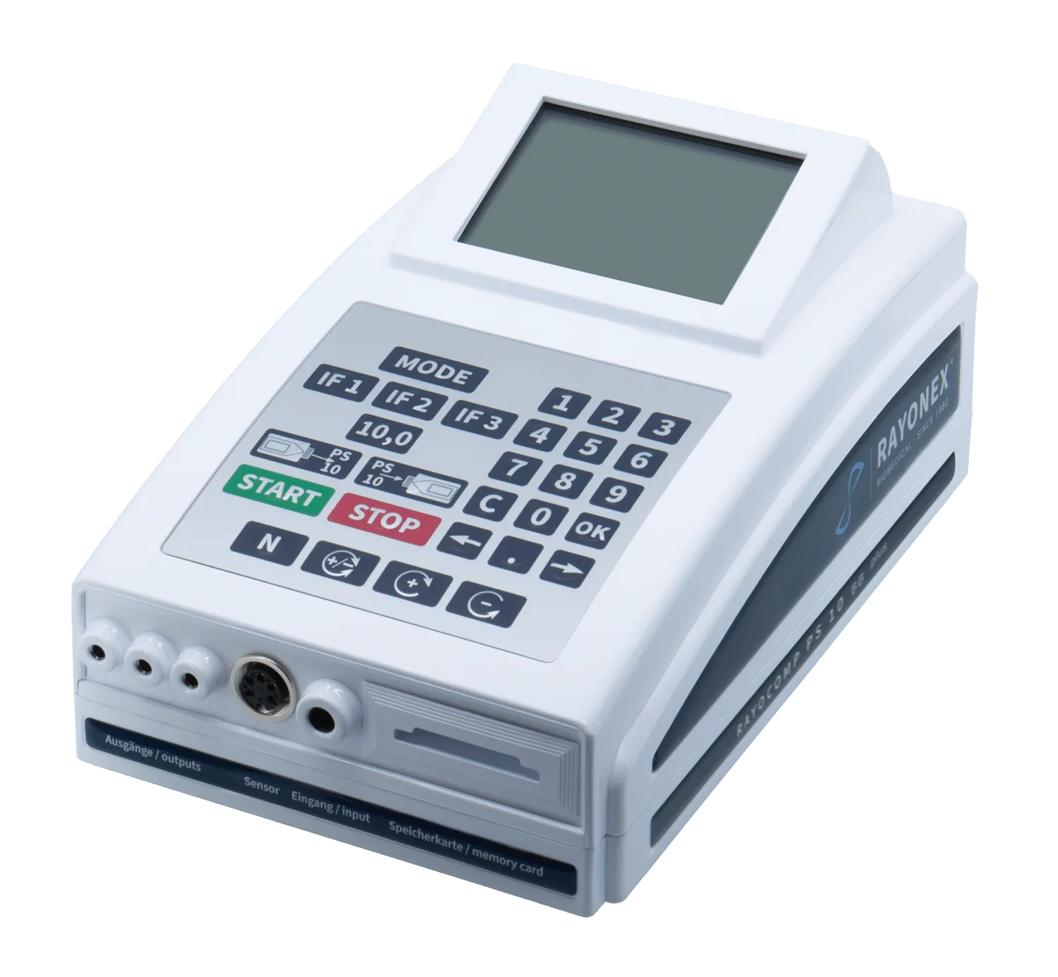 Rayocomp PS 10 BB plus in Schrägansicht mit Display, Tastenfeld und Anschlussbuchsen