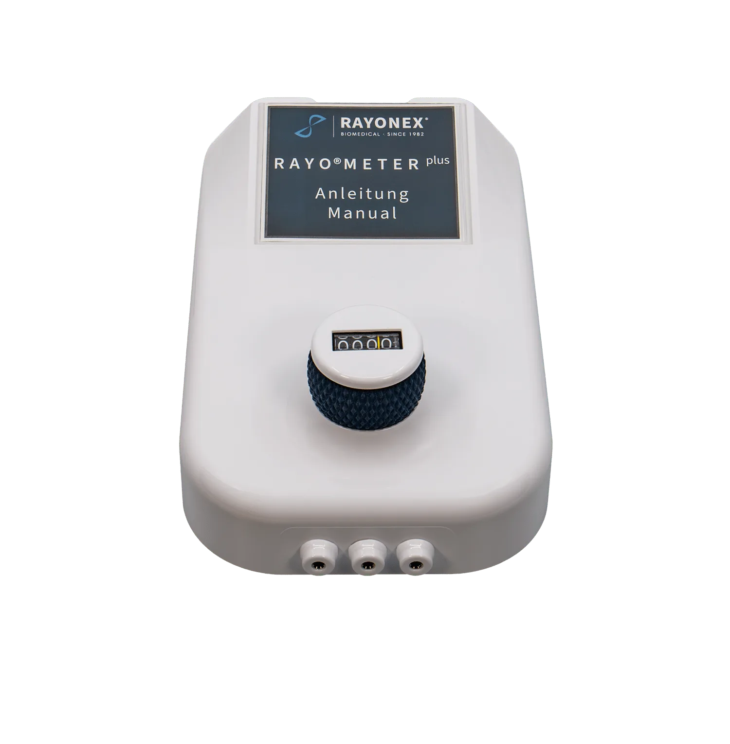 Rayo®meter plus, weißes Gehäuse mit blauem Drehknopf und Anleitungsaufdruck, Draufsicht